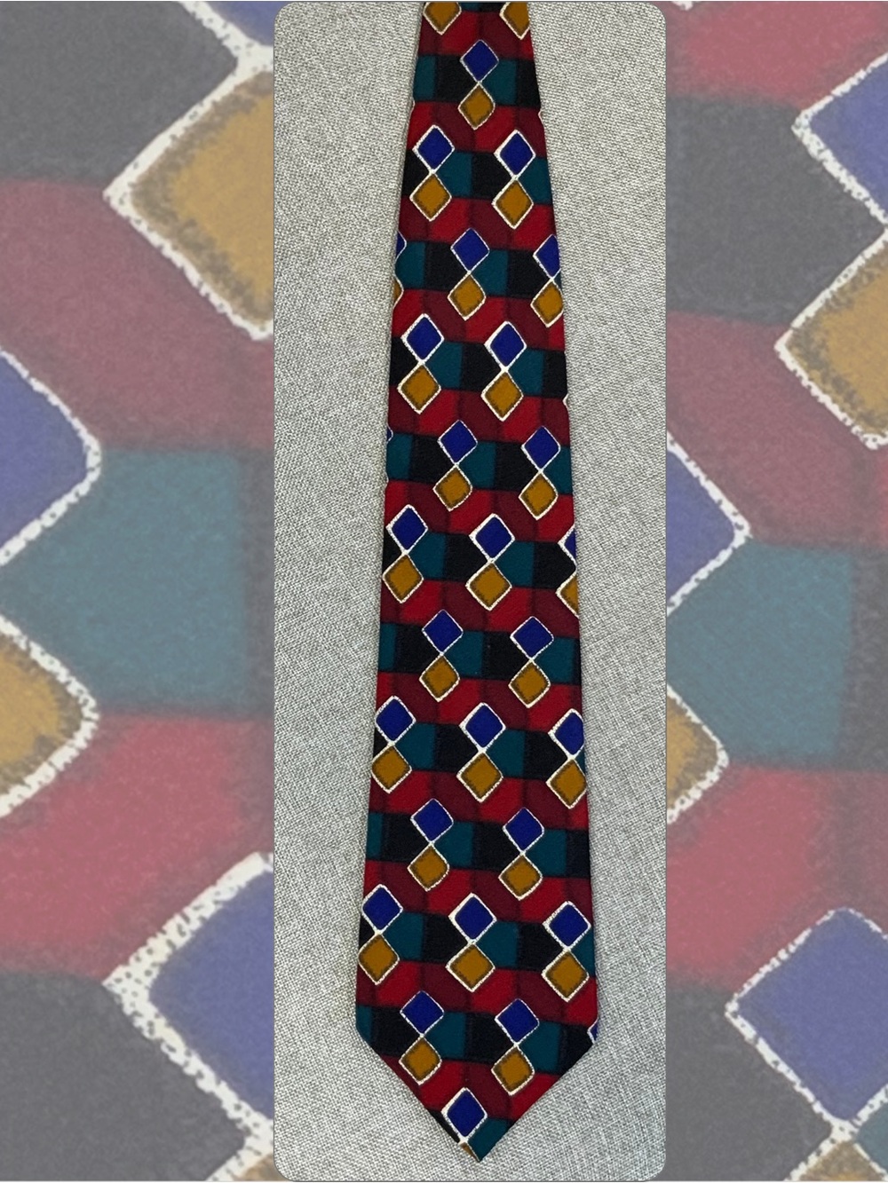 Zylos George Machado Silk Tie Geometric Diamond Burgundy Teal Gold